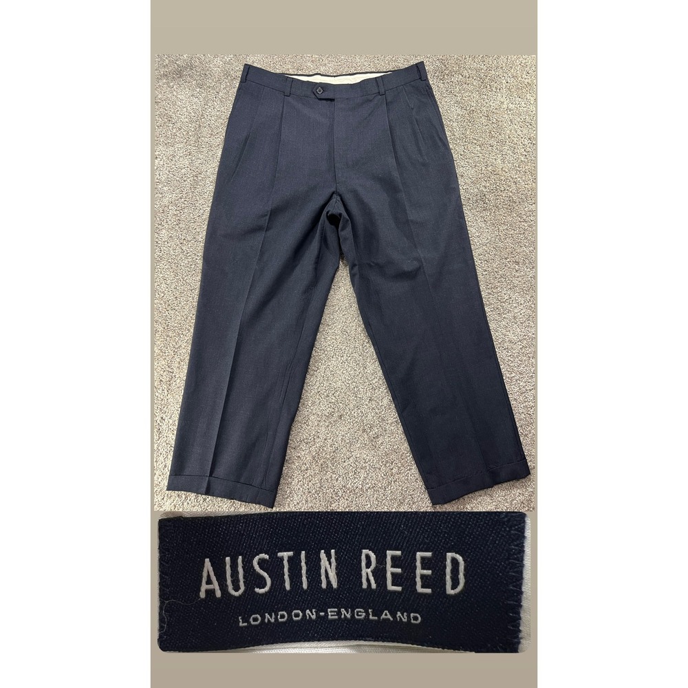 Vtg Austin Reed Navy Blue Pure New Wool Pleated Cuffed Dress Pants Mens 37x28